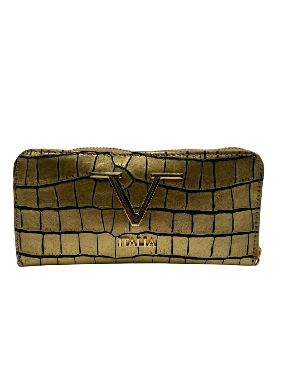 V Italia Gold Croc-Embossed Leather Zip-Around Wallet